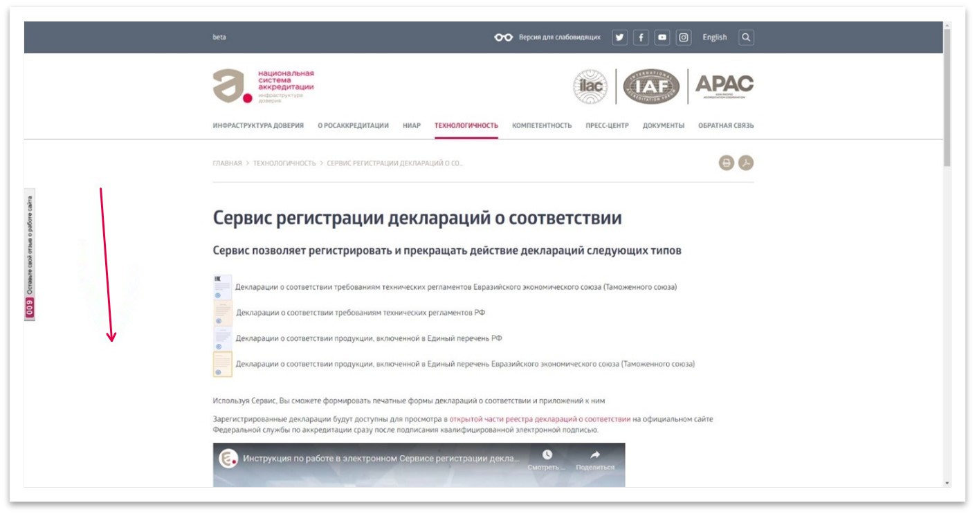 Страница сервиса регистрации деклараций